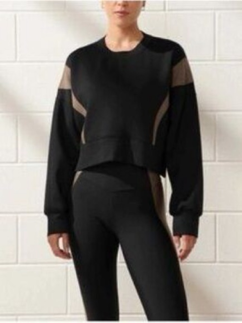 YFB Cropped Black Sweatshirt with Taupe Accent Panels
